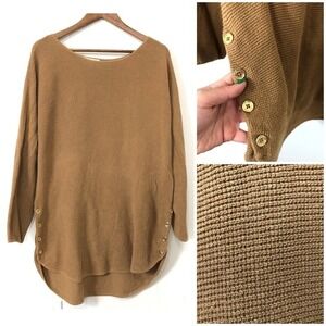 Michael‎ Kors Brown Knit Sweater Tunic 2X Plus Button Side Hem Minimalist